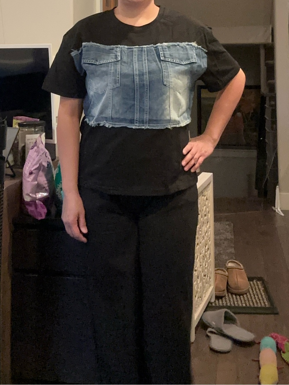 Women's Black Coords with Distressed Denim Panel size L-2XL